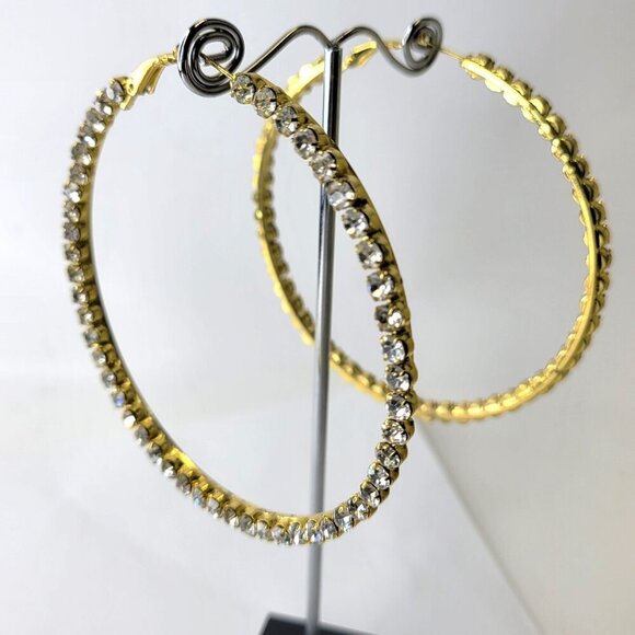 Statement Gold Tone HoopEarrings Crystal Encrusted Hoop Earrings - Picture 1 of 7
